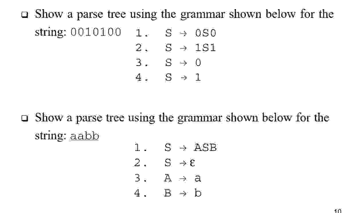 Show a parse tree using the grammar shown below