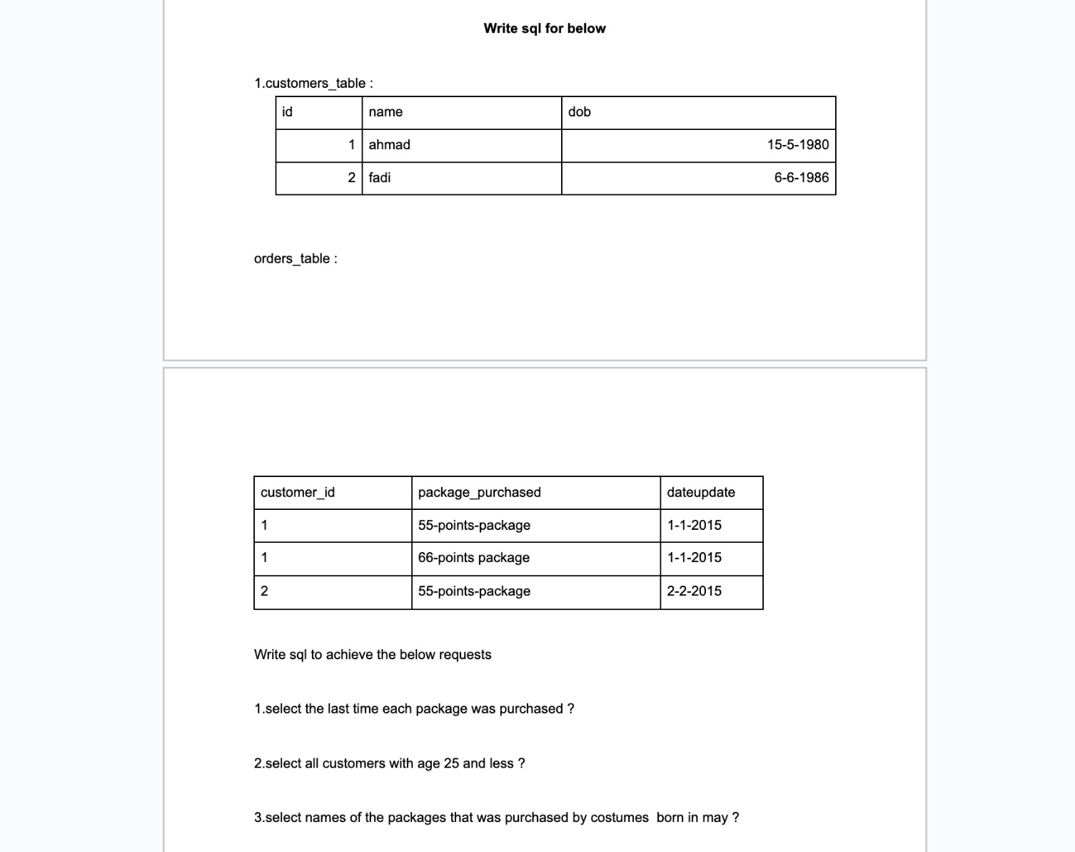 Show me the steps to solveWrite sql for below 1 .