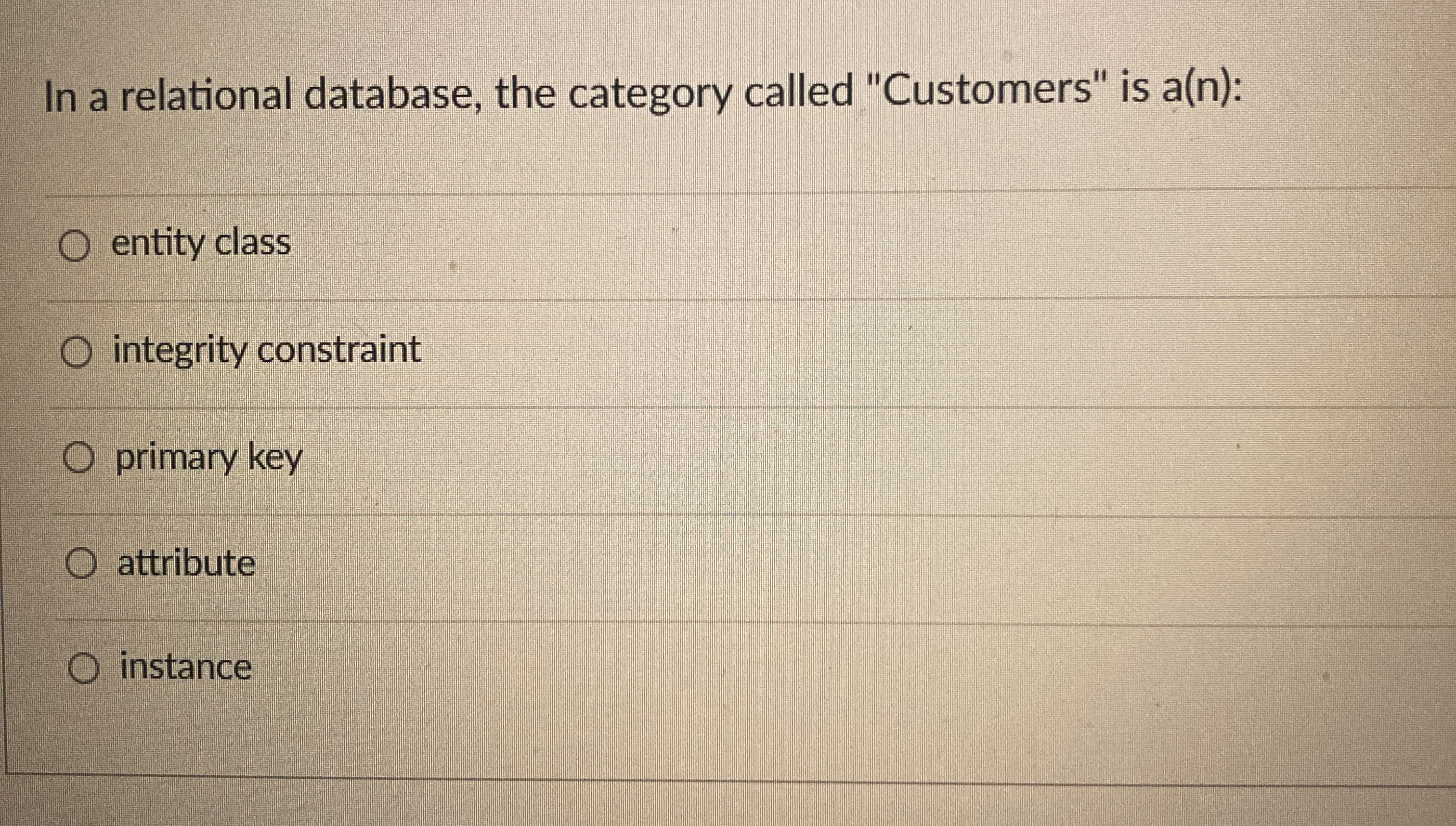 In a relational database, the category called