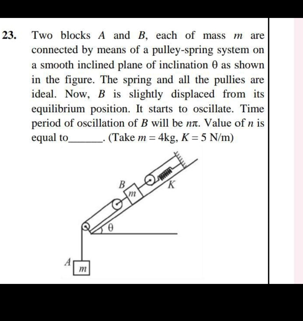Two blocks A and B , each of mass m are connected