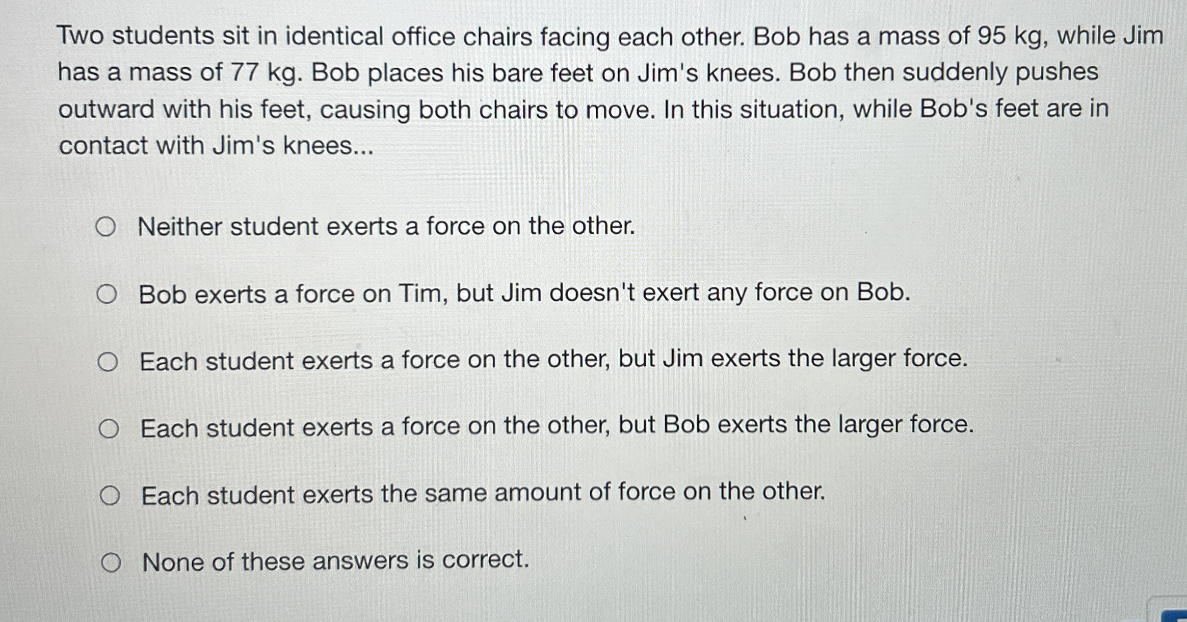 Two students sit in identical office chairs