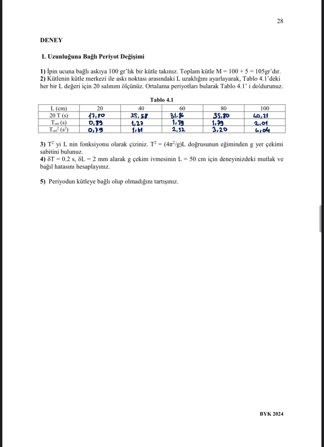 2 8 DENEY L Uzunlu una Ba Periyot De i imi pin