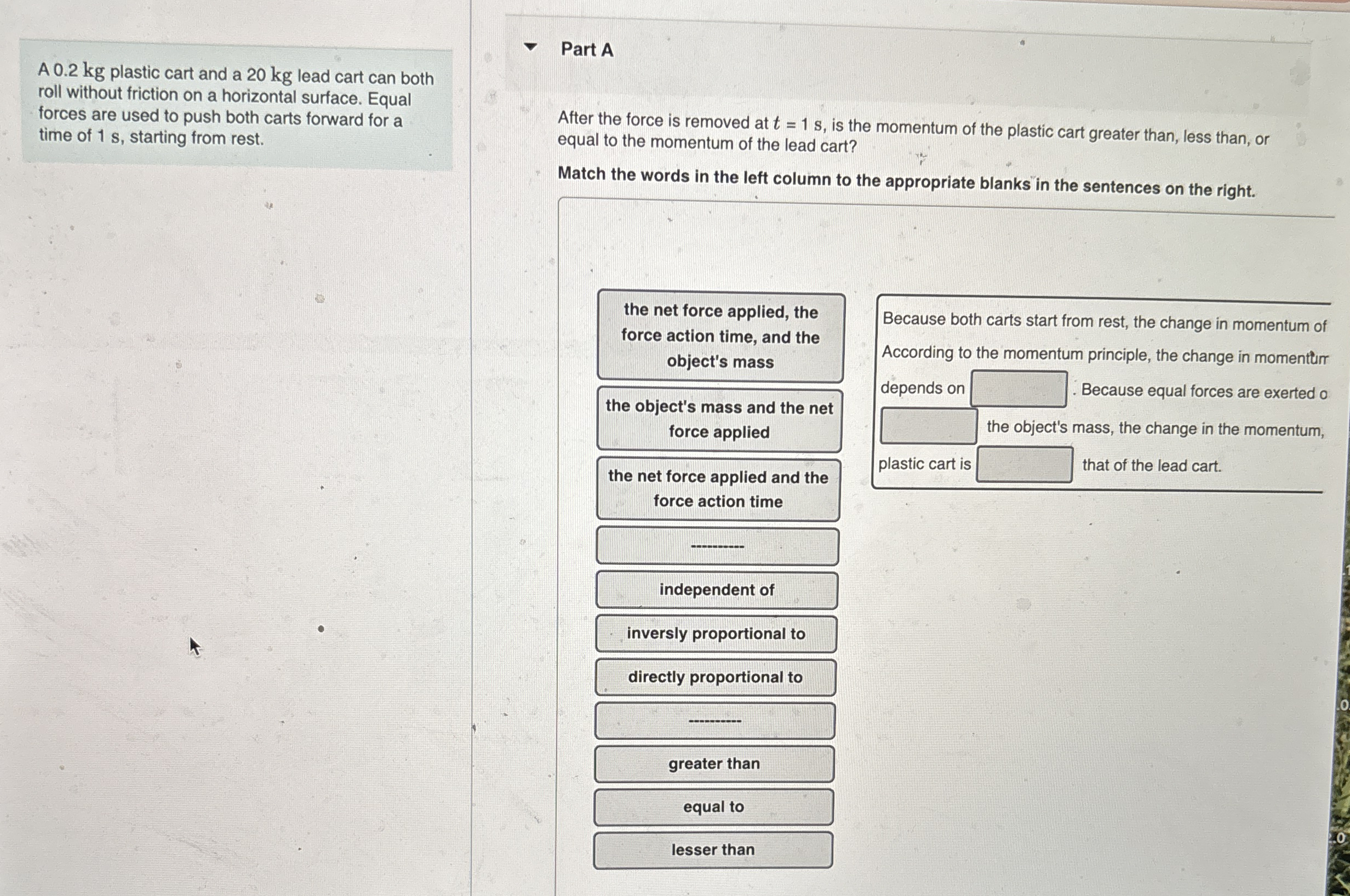 A 0 . 2 kg plastic cart and a 2 0 kg lead cart