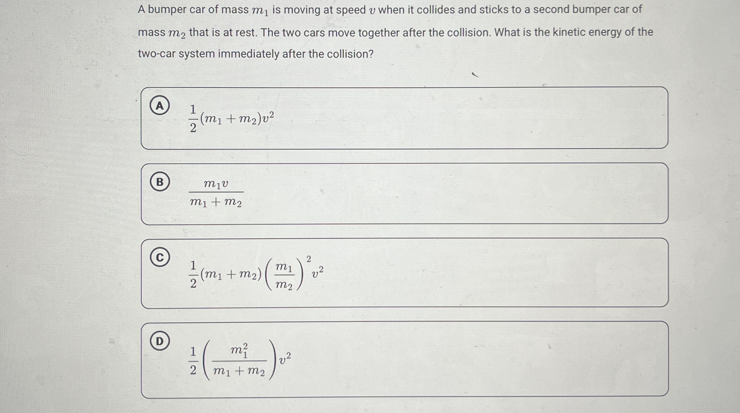 A bumper car of mass m 1 is moving at speed v