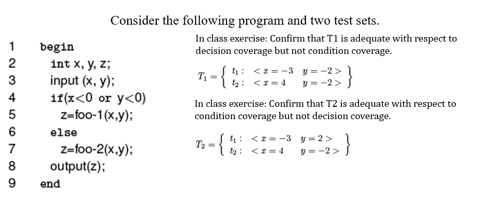 Consider the following program and two test sets.