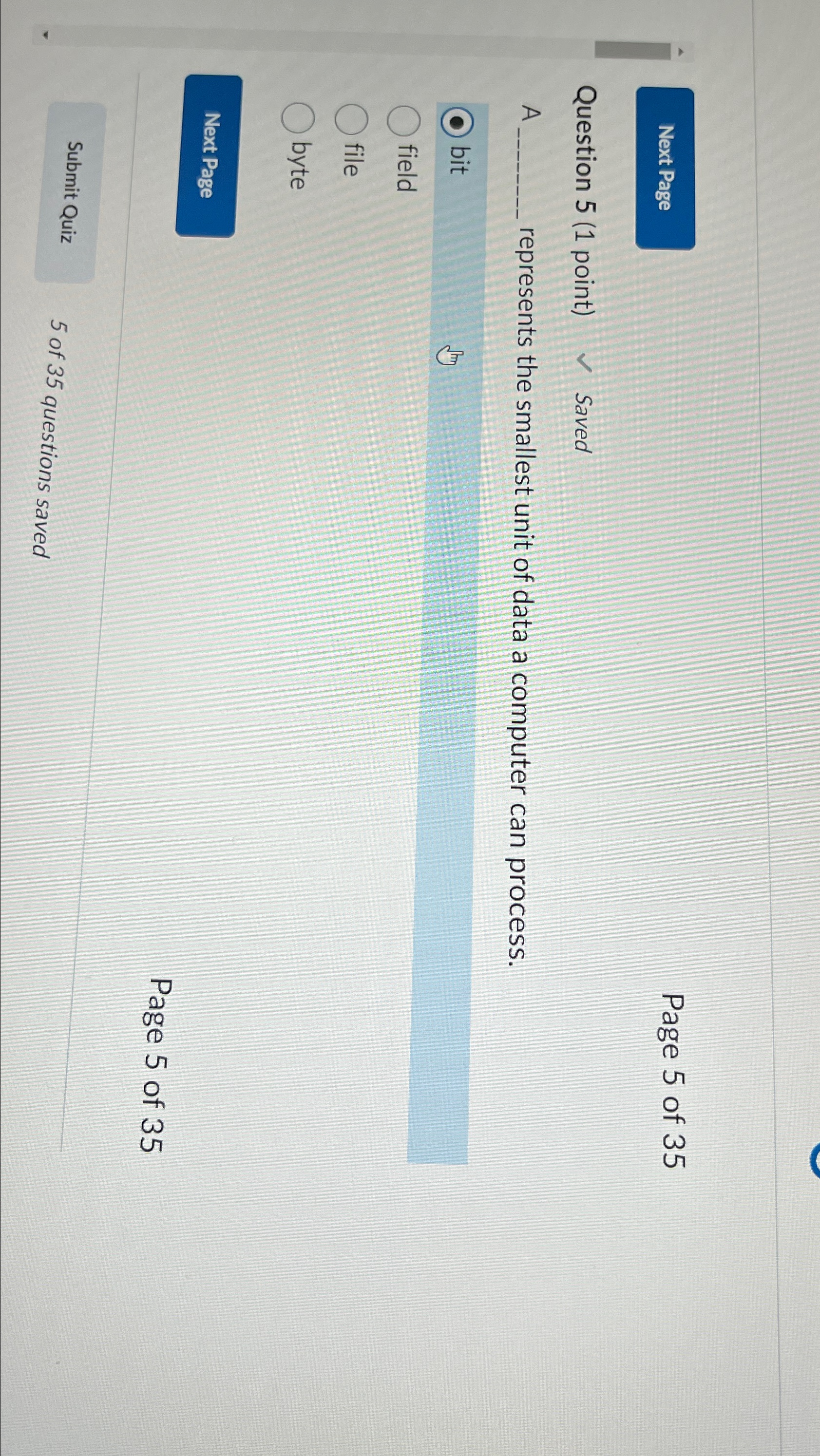 Page 5 of 3 5 Question 5 ( 1 point ) Saved A