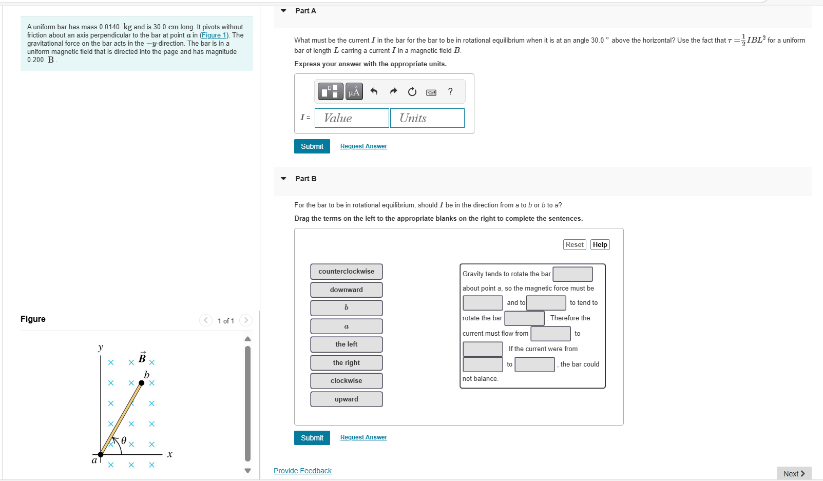 A uniform bar has mass 0 . 0 1 4 0 kg and is 3 0