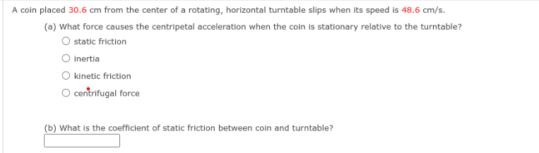 A coin placed 3 0 . 6 cm from the center of a