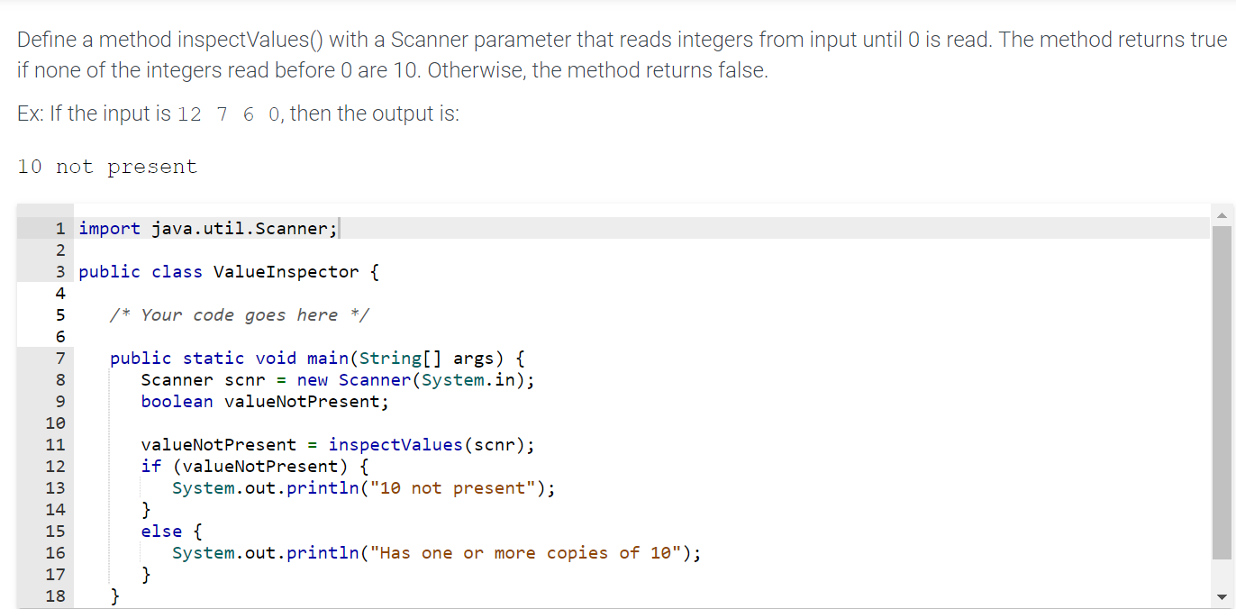 Define a method inspectValues ( ) with a Scanner