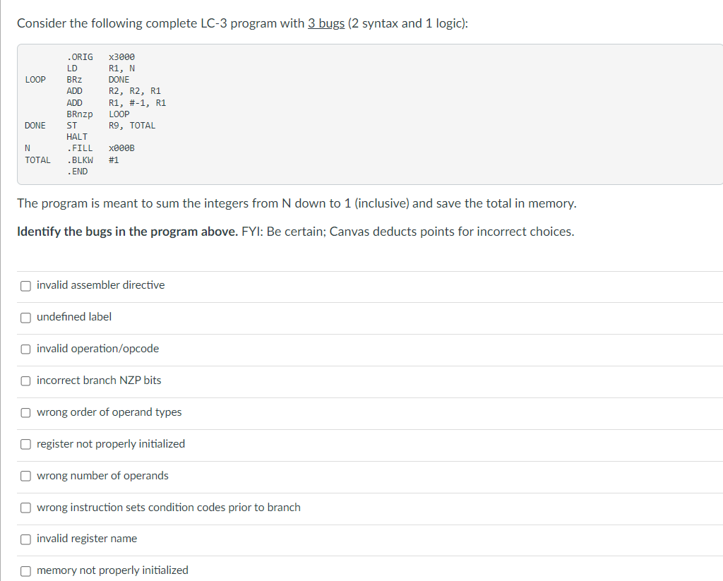 The program is meant to sum the integers from N