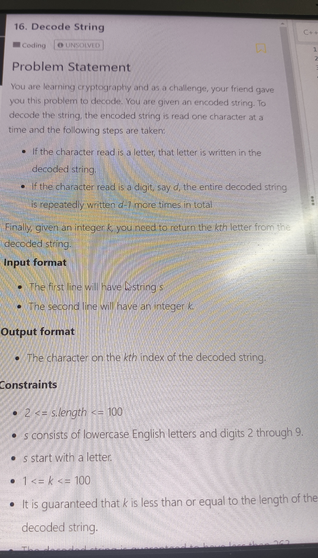 Decode String Coding UNSOIVID Problem Statement