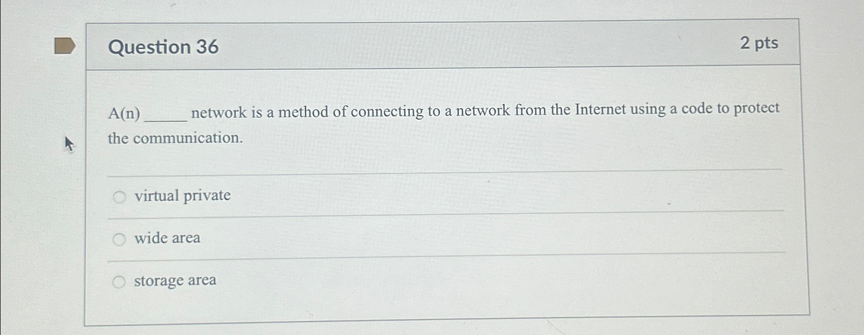Question 3 6 2 pts A ( n ) network is a method of