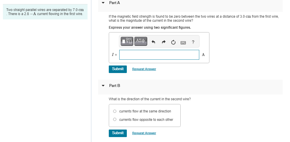 Two straight parallel wires are separated by 7 .