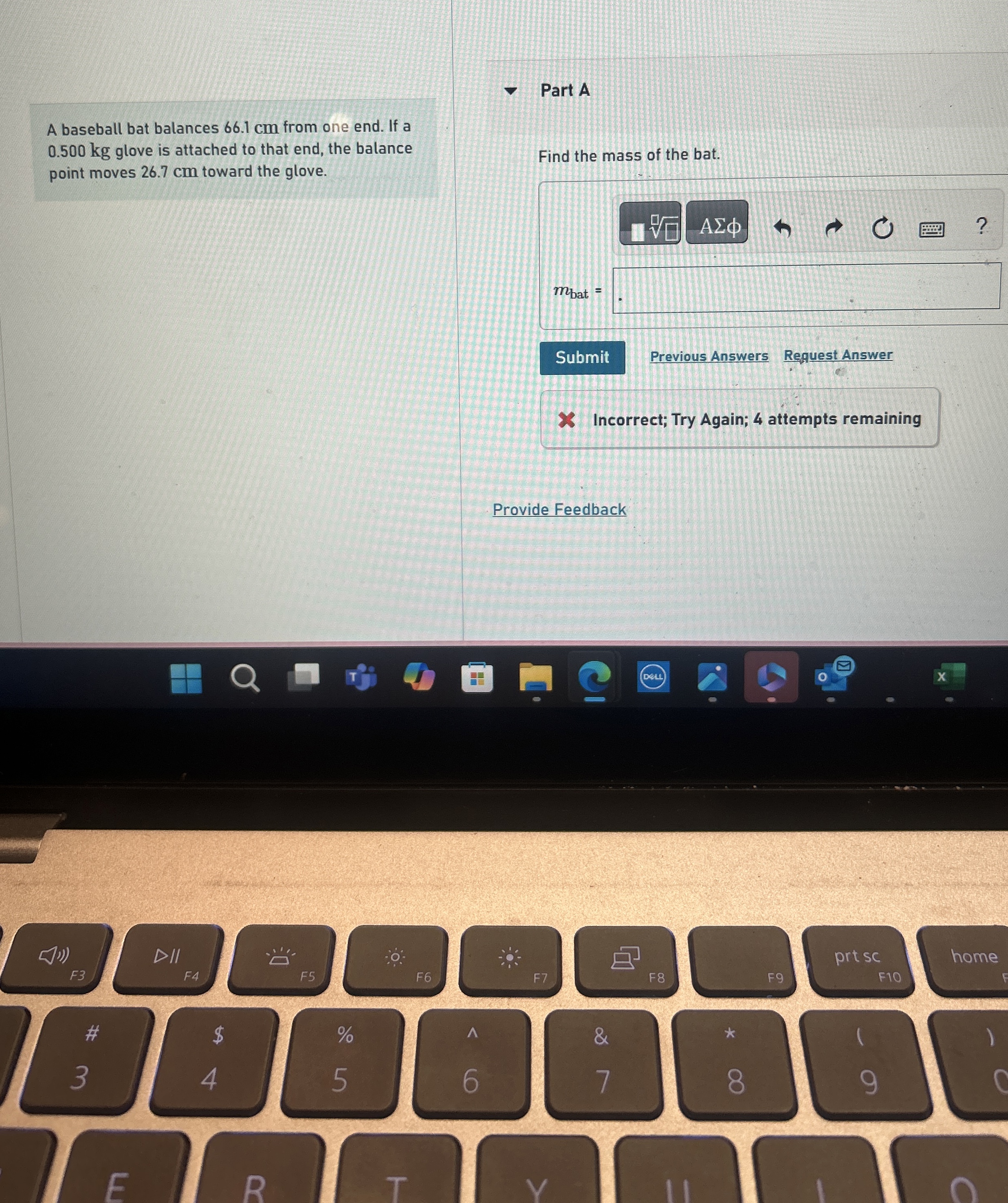 A baseball bat balances 6 6 . 1 cm from one end.