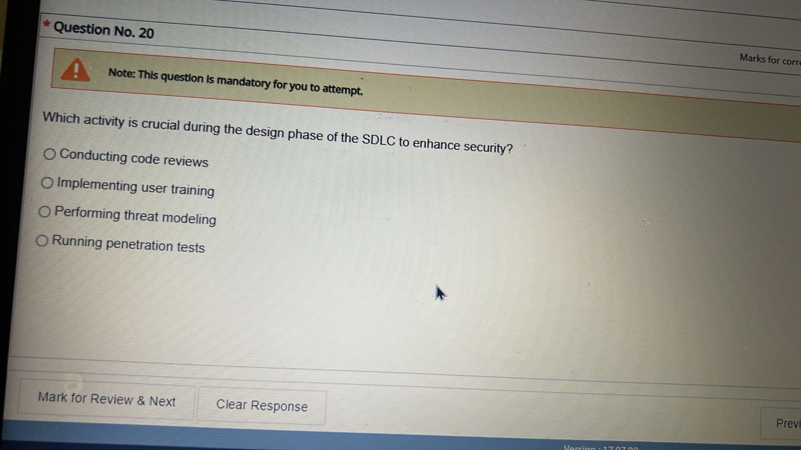 Question No . 2 0 Marks for corr Note: This