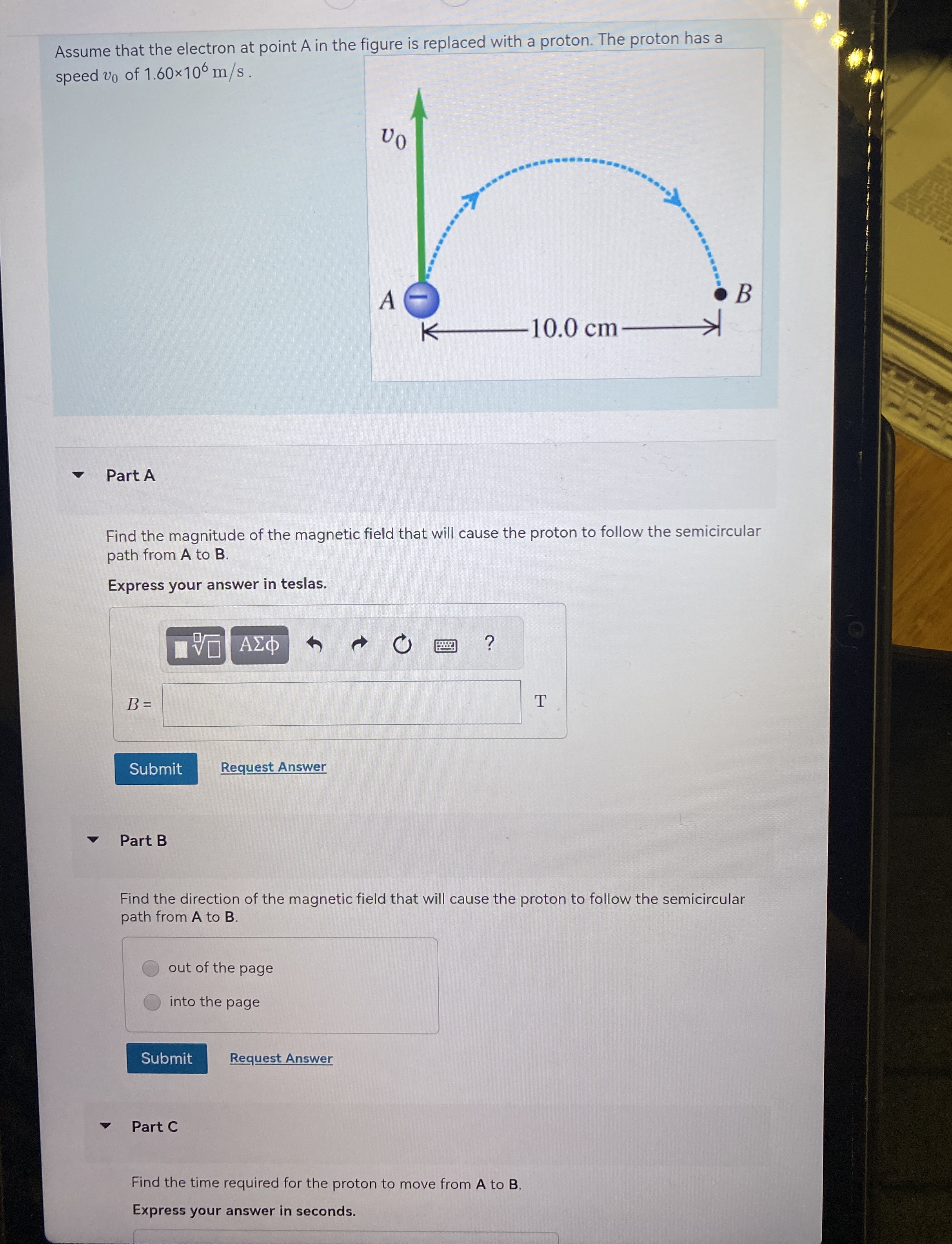 Assume that the electron at point A in the figure