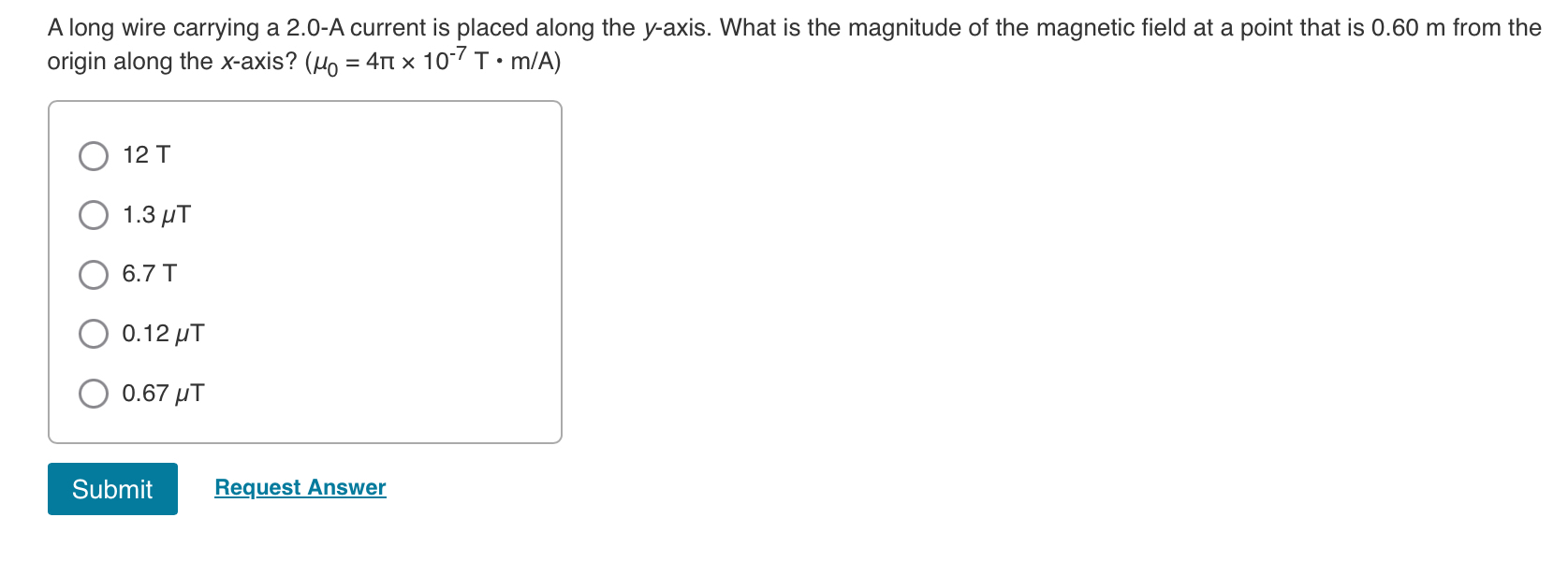 A long wire carrying a 2 . 0 - A current is