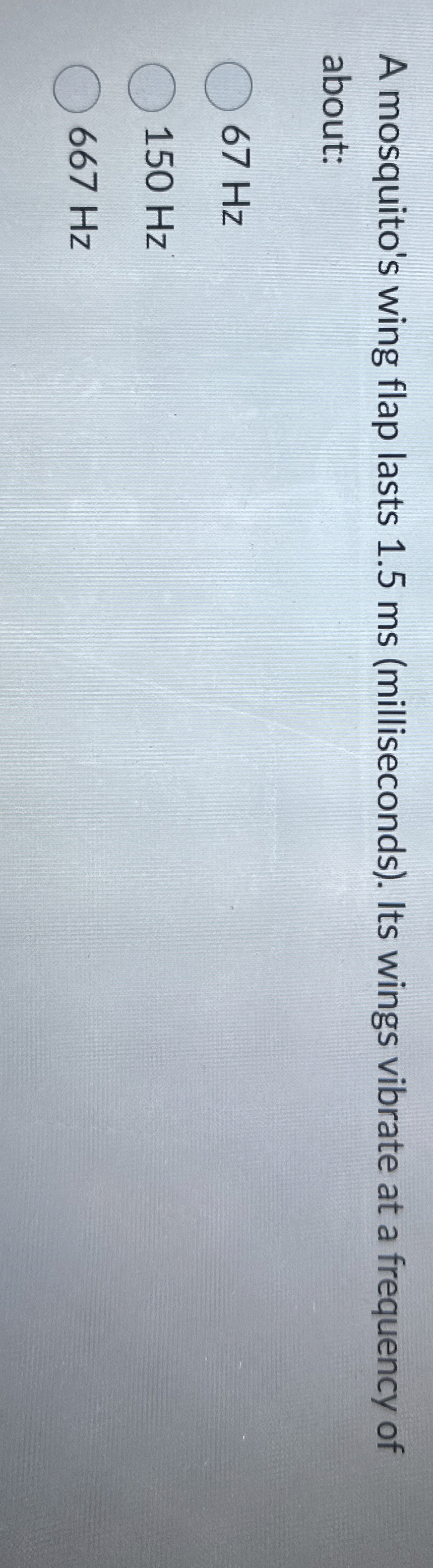 A mosquito's wing flap lasts 1 . 5 ms (