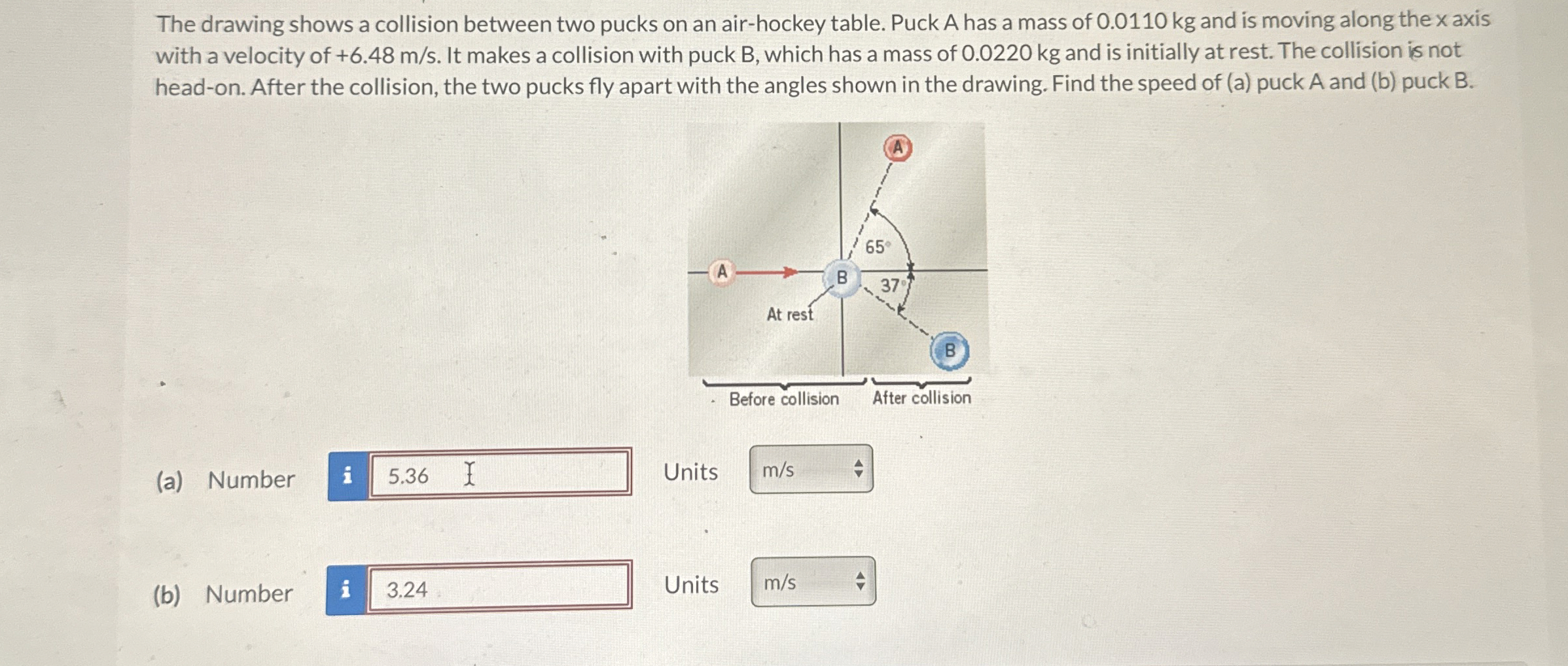 The drawing shows a collision between two pucks