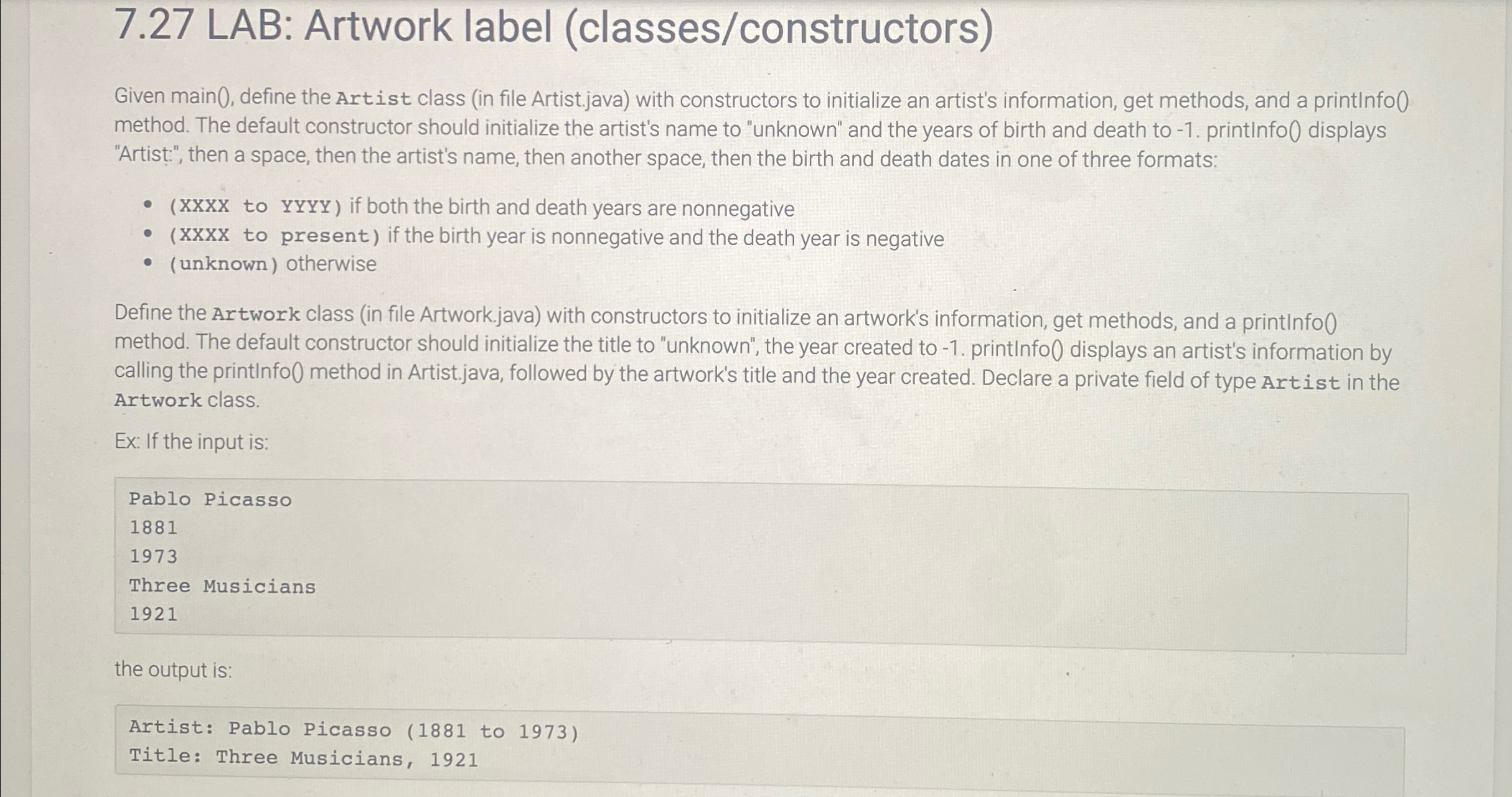 7 . 2 7 LAB: Artwork label ( classes /