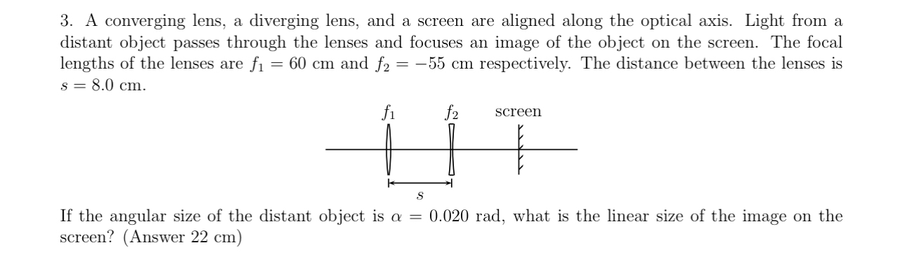 A converging lens, a diverging lens, and a screen