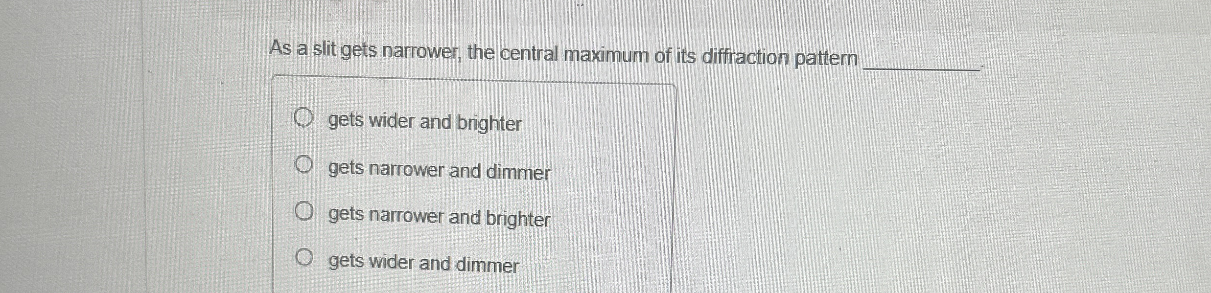 As a slit gets narrower, the central maximum of