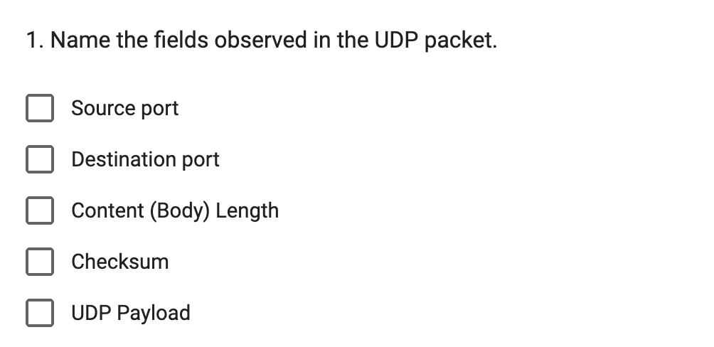Name the fields observed in the UDP packet.