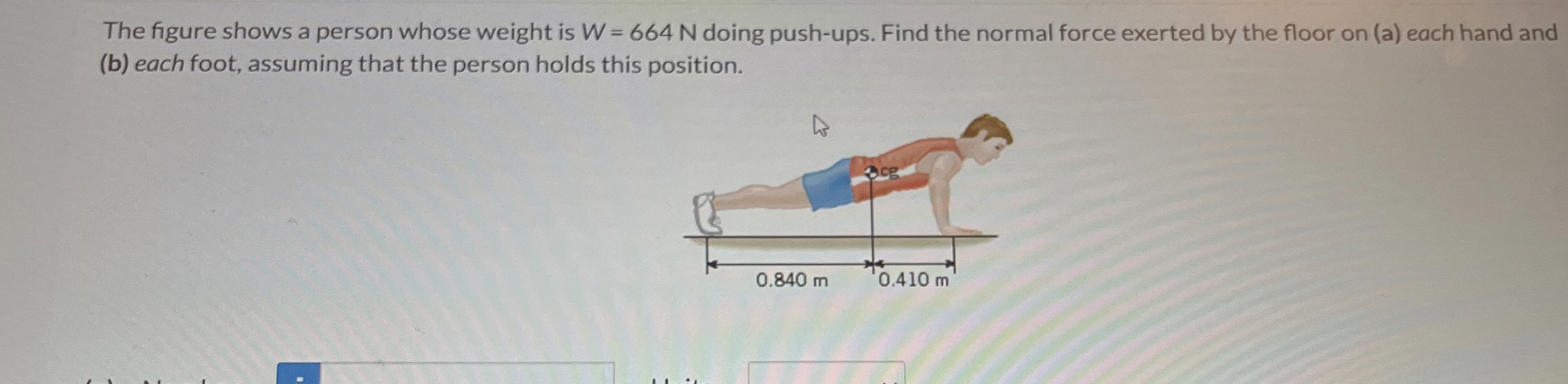 The figure shows a person whose weight is W = 6 6