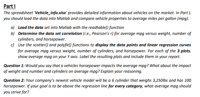 Part I The spreadsheet 'Vehicle _ Info.xIsx'
