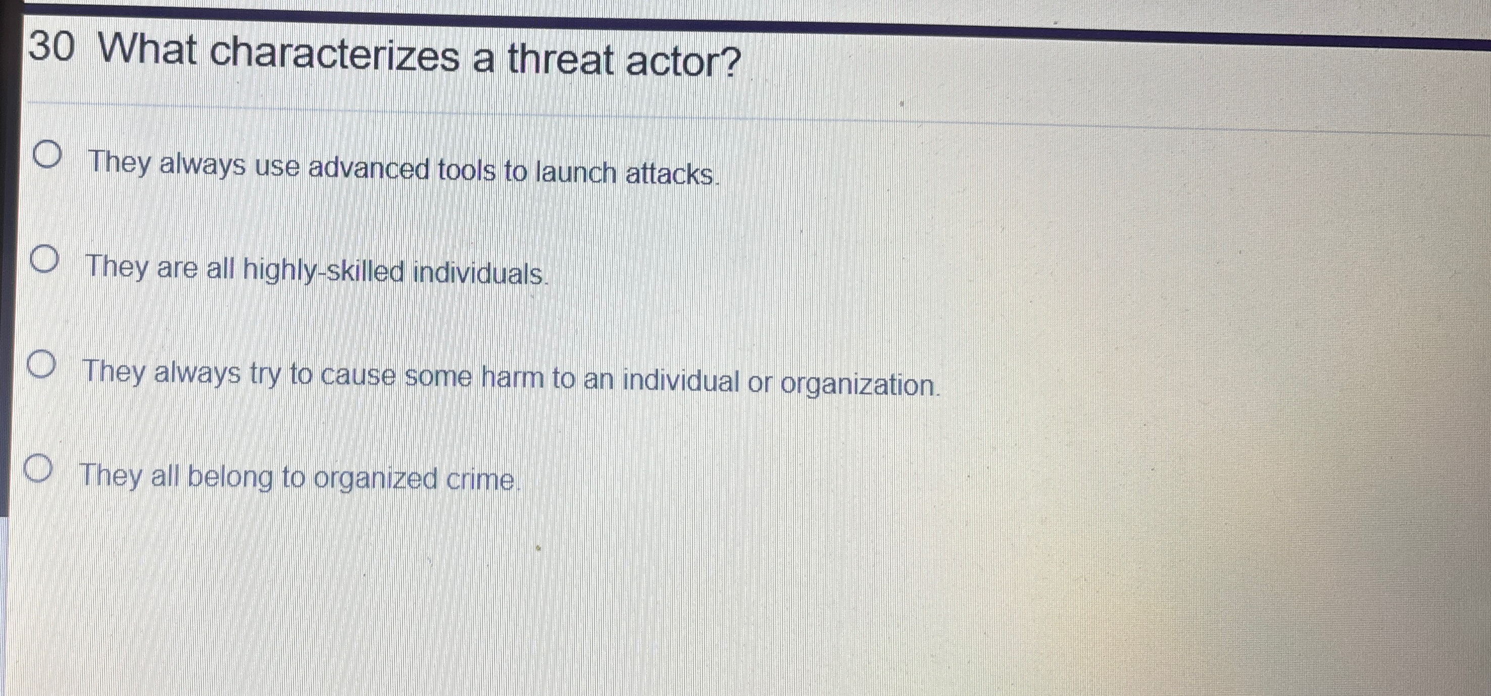 3 0 What characterizes a threat actor? They