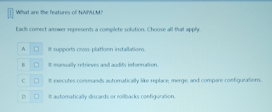 What are the features of NAPALM? Each correct