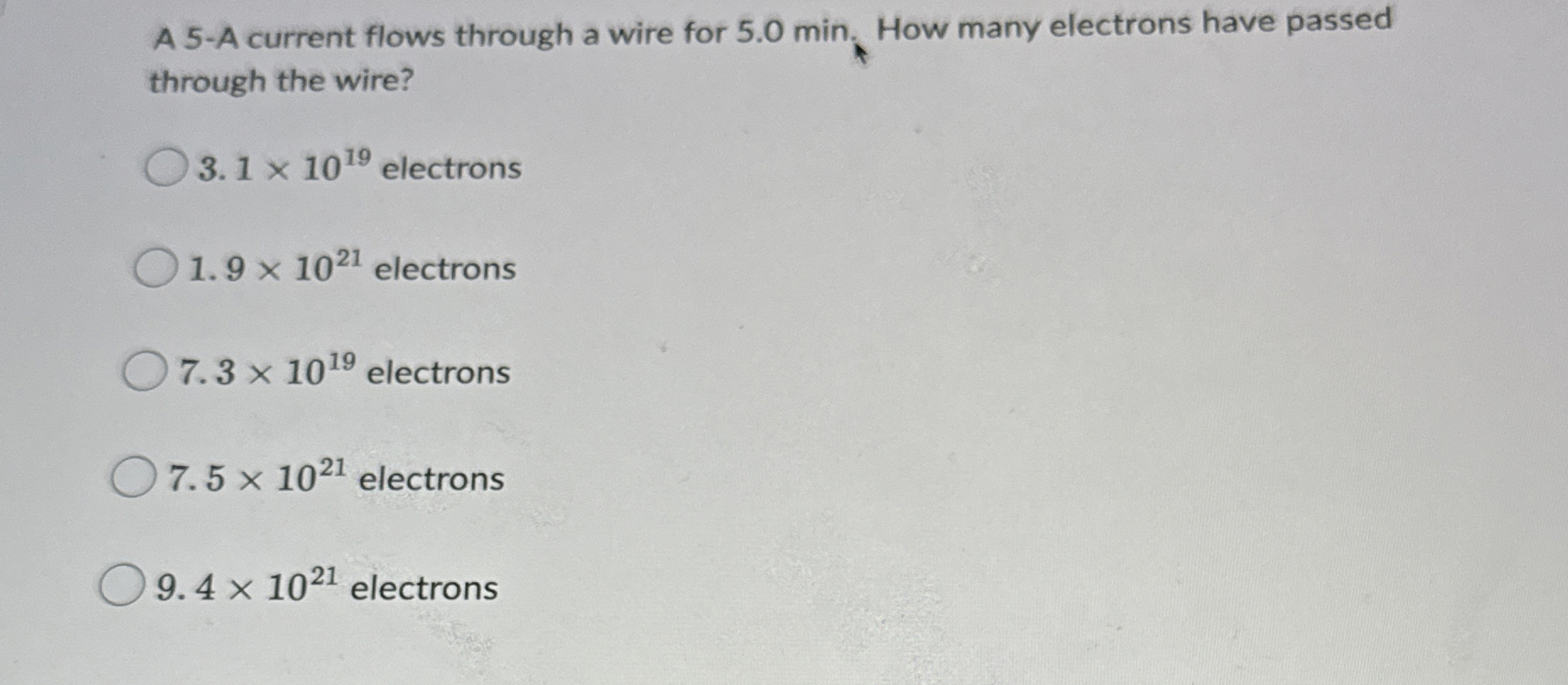 A 5 - A current flows through a wire for 5 . 0