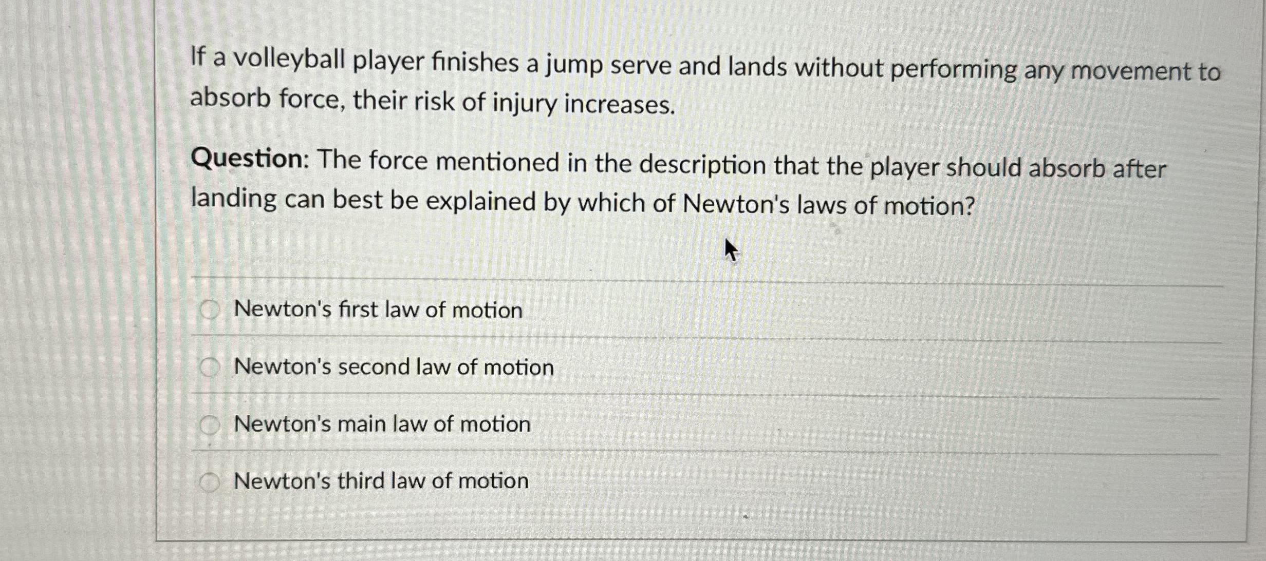 If a volleyball player finishes a jump serve and