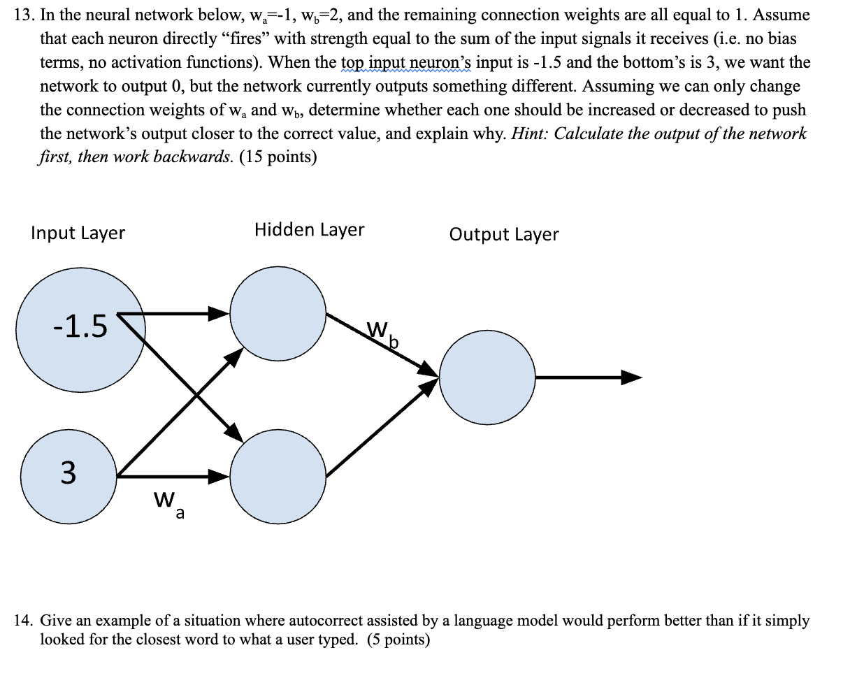 1 3 . In the neural network below, wa = - 1 , wb