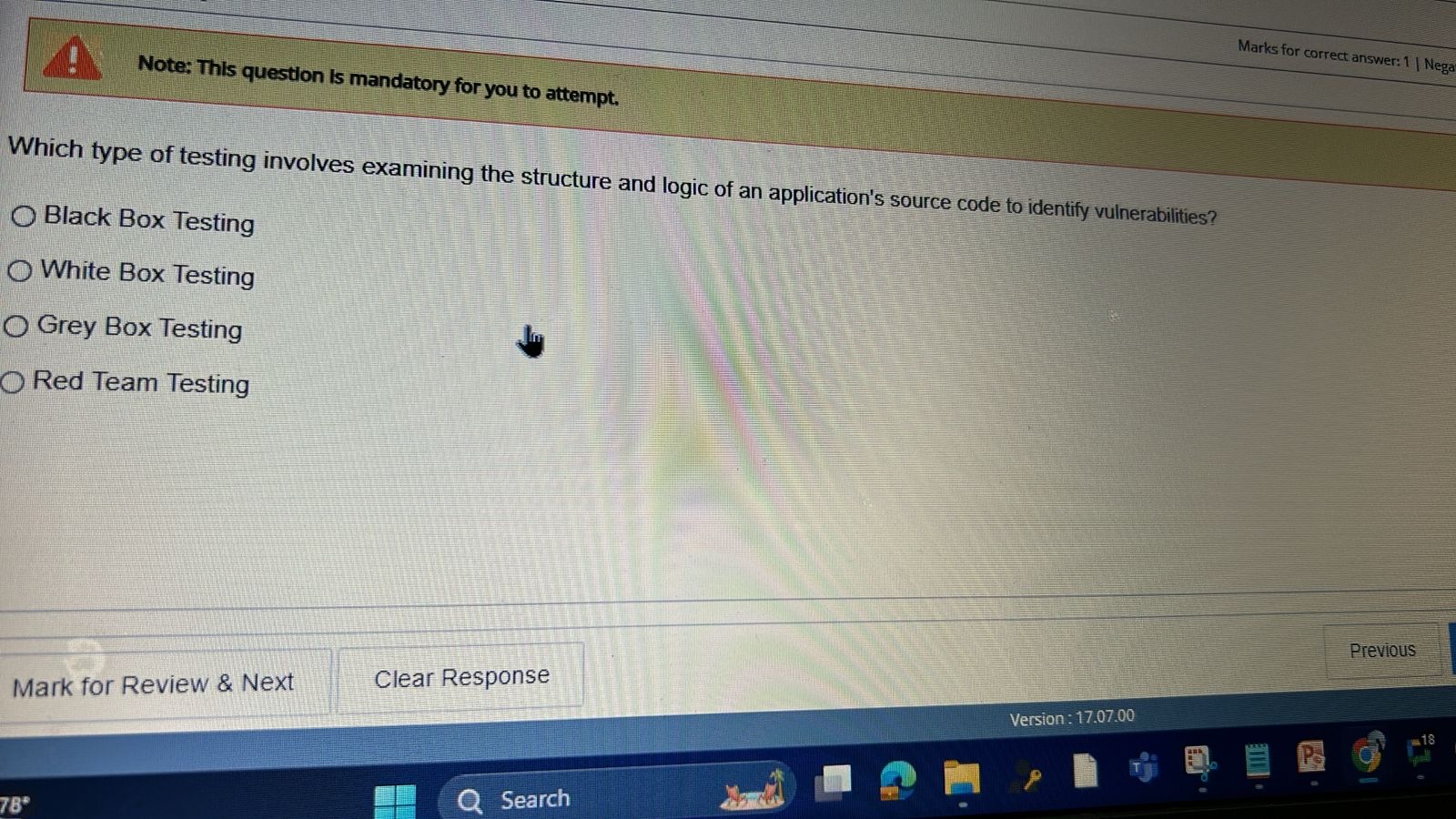 Marks for correct answer: 1 | Nega Note: Thls