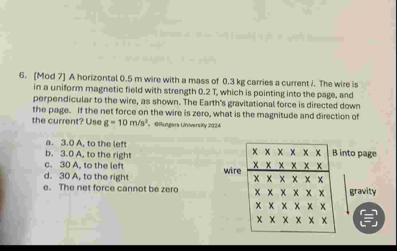 6 . [ Mod 7 ] A horizontal 0 . 5 m wire with a