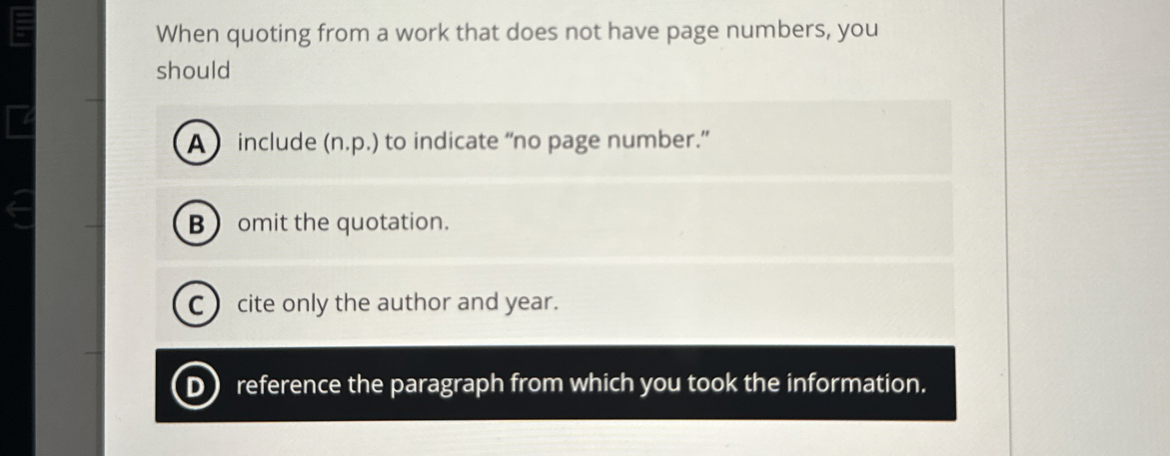 When quoting from a work that does not have page