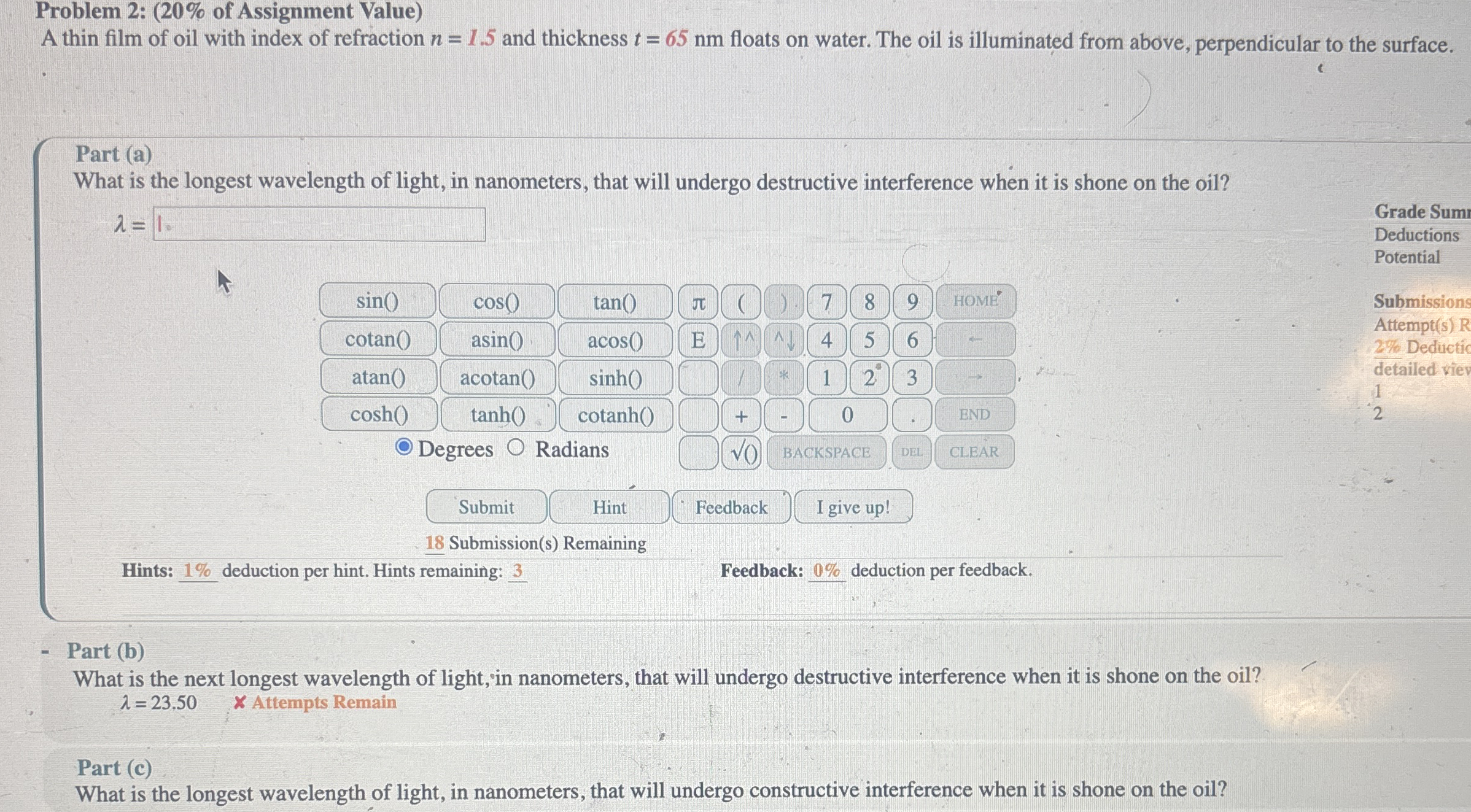 Problem 2 : ( 2 0 % of Assignment Value ) A thin