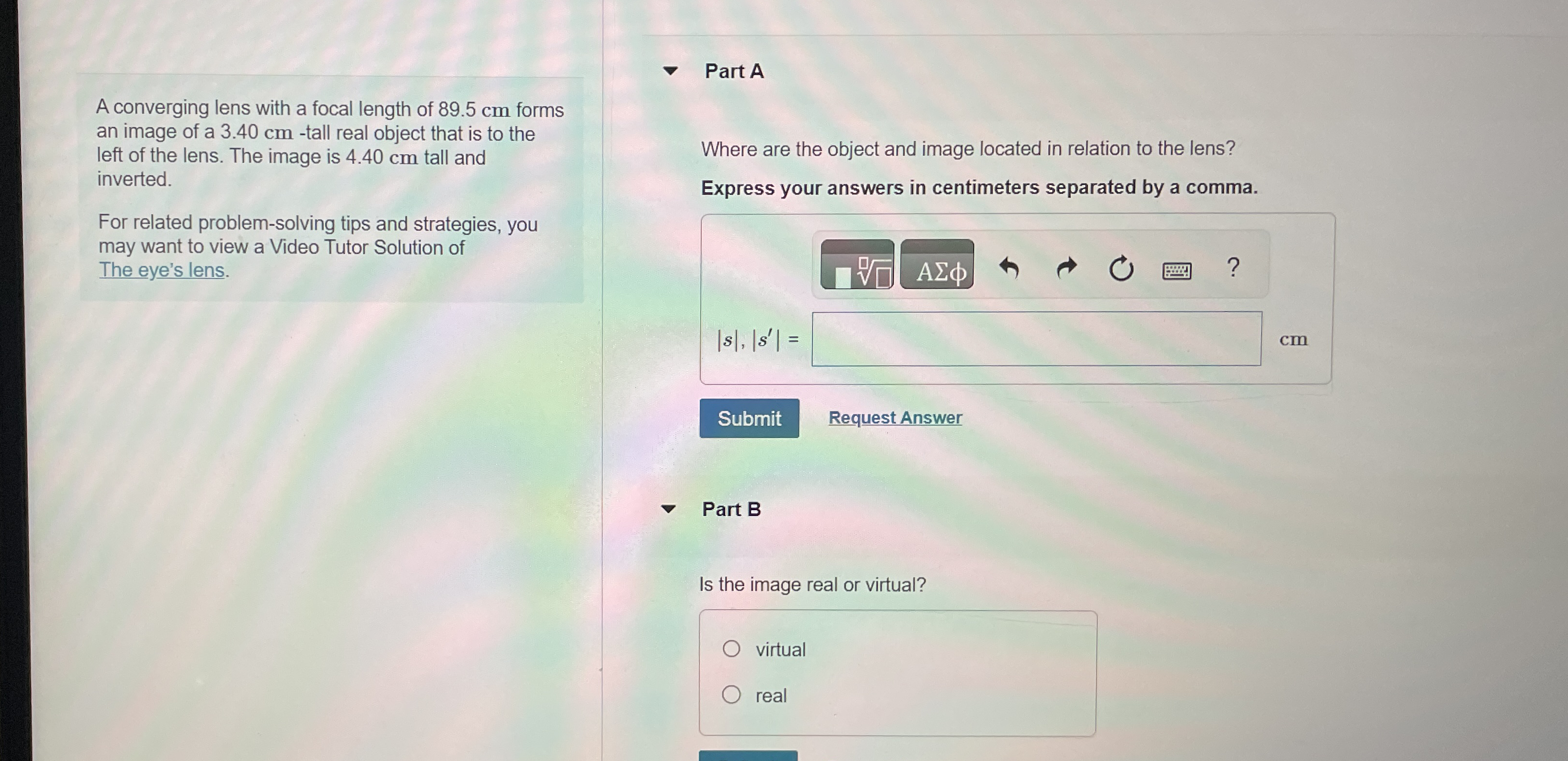A converging lens with a focal length of 8 9 . 5