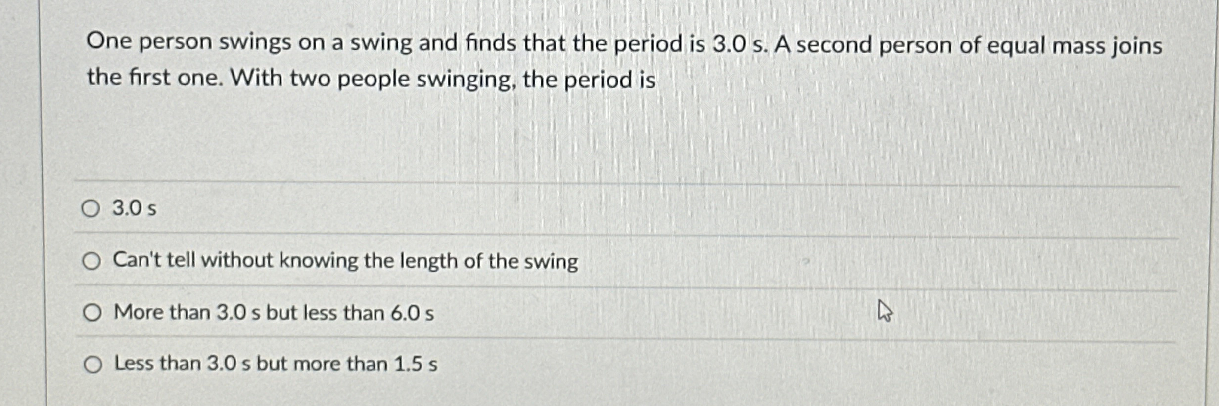 One person swings on a swing and finds that the