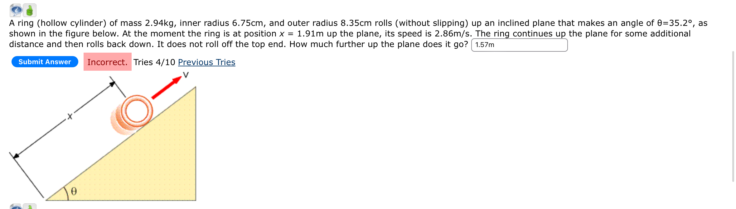 A ring ( hollow cylinder ) of mass 2 . 9 4 kg ,