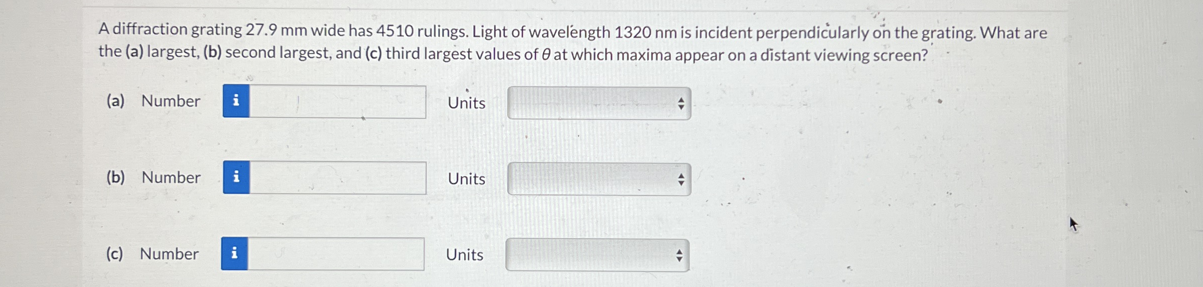 A diffraction grating 2 7 . 9 mm wide has 4 5 1 0