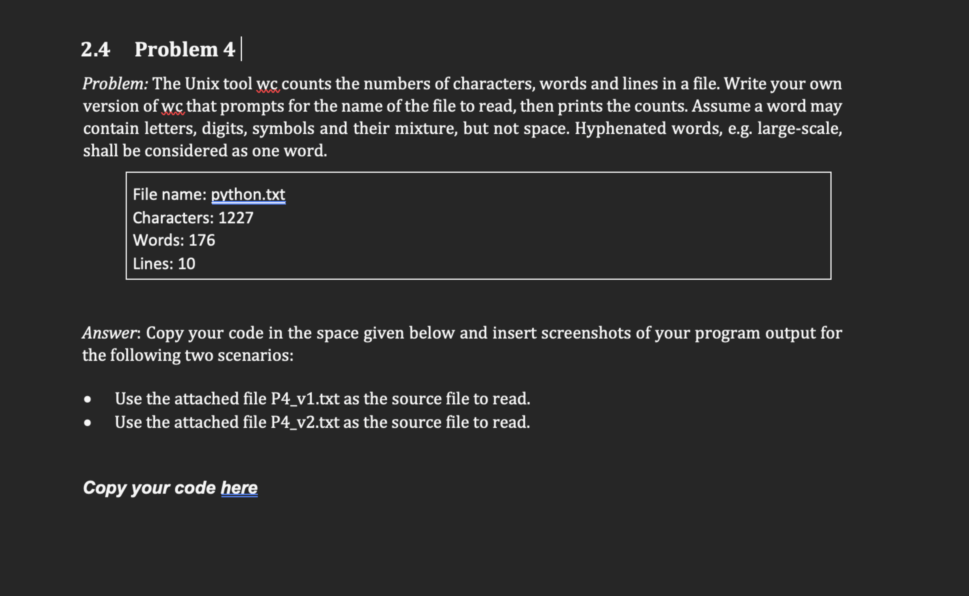 2 . 4 Problem 4 | Problem: The Unix tool wc