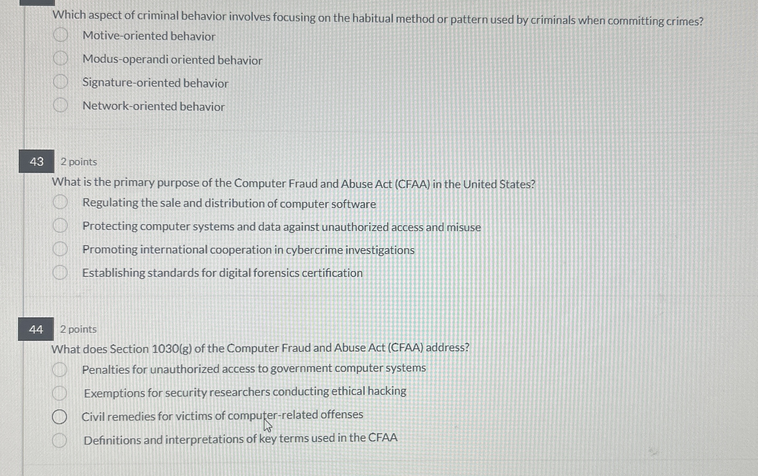 Which aspect of criminal behavior involves