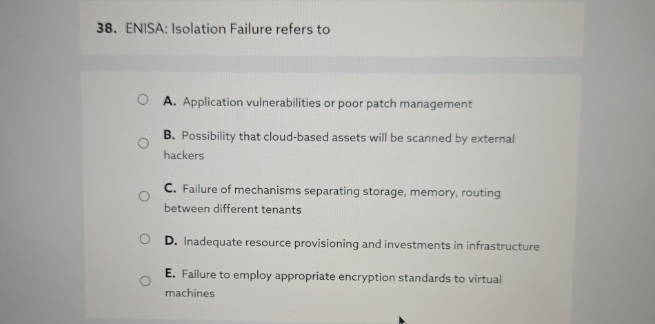 ENISA: Isolation Failure refers to A .
