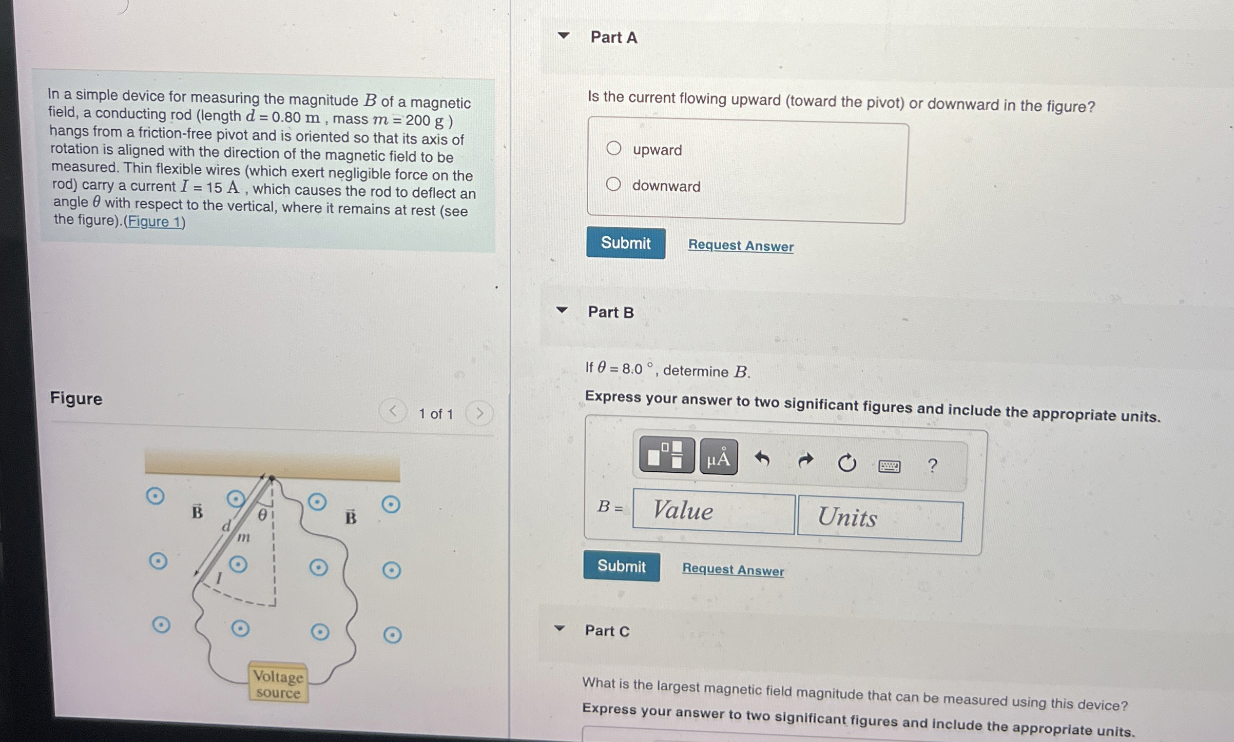 Part A Is the current flowing upward ( toward the