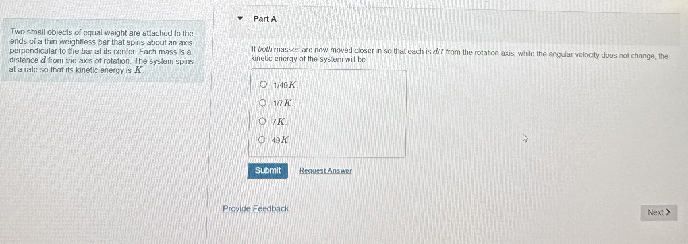 Two small objects of equal weight are attached to