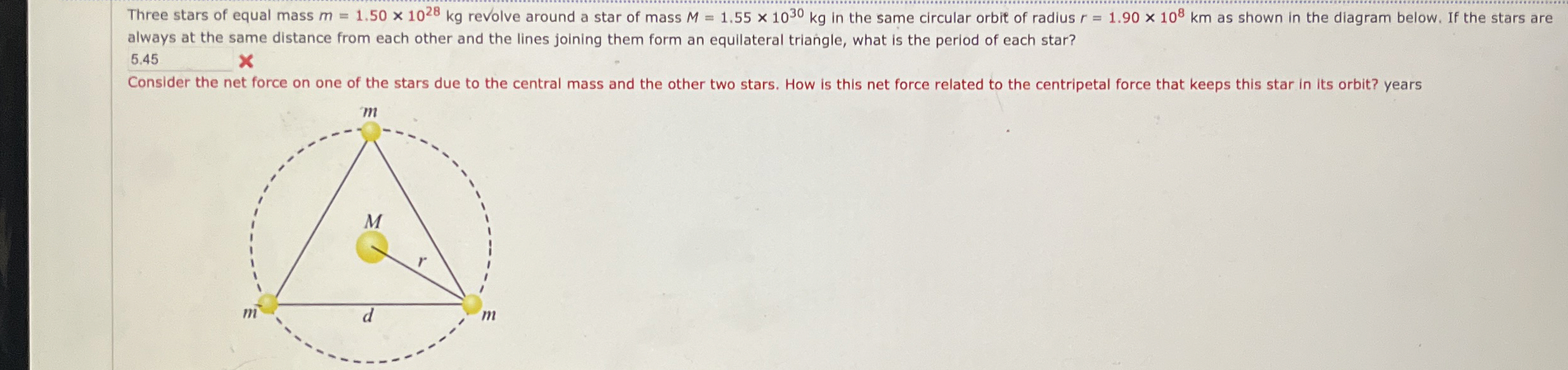 Three stars of equal mass m = 1 . 5 0 1 0 2 8 k g