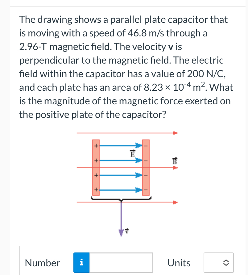 The drawing shows a parallel plate capacitor that
