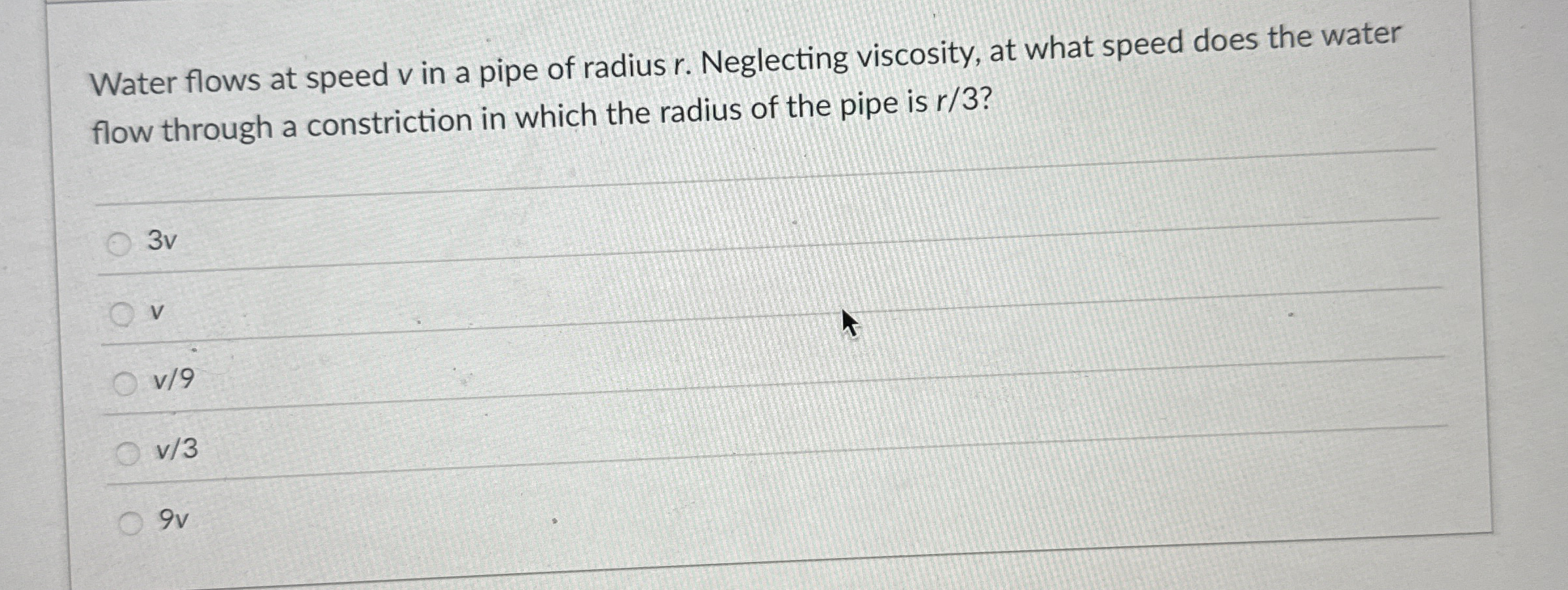 Water flows at speed v in a pipe of radius r .